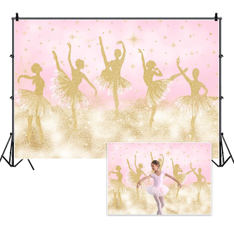 DORCEV 5x3ft Ballet Girl Photography Backdrop Ballet Dancer Gold Shiny Dance Skirts Pink Background Girl's Birthday Party Banner Decor Photo Props Wallpaper - Image 1